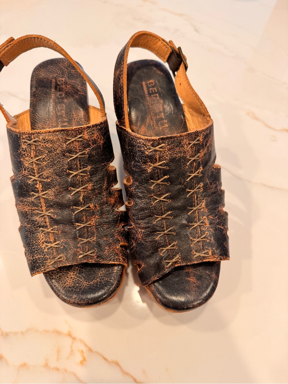 Bed Stu Black/Tan Distressed Leather Cross-Stitch Slingback Sandals